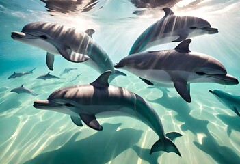 A pod of playful dolphins gracefully swimming together in crystal clear waters, their sleek bodies...
