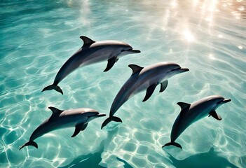 A pod of playful dolphins gracefully swimming together in crystal clear waters, their sleek bodies glistening in the sunlight - obrazy, fototapety, plakaty