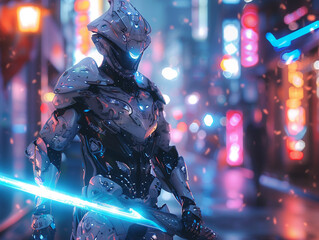A cybernetic warrior wielding a sword infused with mystical energy, standing in a neon-lit alley