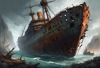 The haunting sight of a massive shipwreck, its rusted hull and scattered wreckage telling tales of past voyages and maritime mysteries - obrazy, fototapety, plakaty