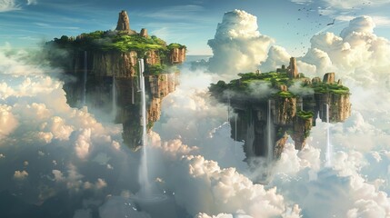 Surreal floating islands with waterfalls cascading into the clouds - obrazy, fototapety, plakaty