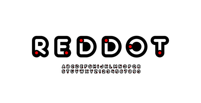 Bold font alphabet with red dot, letters A, B, C, D, E, F, G, H, I, J, K, L, M, N, O, P, Q, R, S, T, U, V, W, X, Y, Z and numerals 0, 1, 2, 3, 4, 5, 6, 7, 8, 9, vector illustration 10EPS