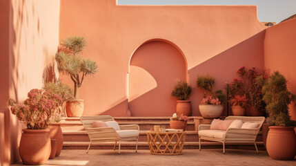 Sunlight in traditional Moroccan interior, ornate archways, peach color - obrazy, fototapety, plakaty