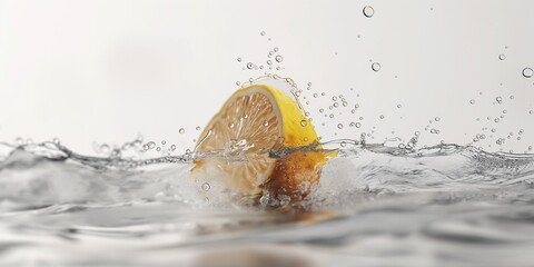 splash water, flashing particles, white background, plump, fresh, and depth of field A lemon half tumbles into the water. Octane render, realistic, cinematic, Unreal Engine