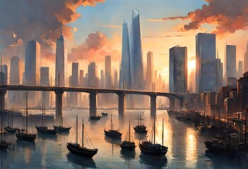 A dynamic cityscape featuring towering skyscrapers, a majestic bridge spanning over a bustling port, creating an iconic skyline against the backdrop of the setting sun - Powered by Adobe