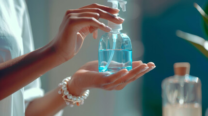 A pearl-braceleted hand dispenses blue liquid soap from a clear pump bottle. - obrazy, fototapety, plakaty