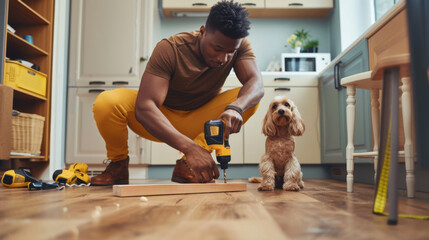 A person kneels to drill a piece of wood as a curious dog watches on.