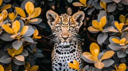  a close up of a cheetah surrounded by bushes and leaves with a surprised look on it's face. - obrazy, fototapety, plakaty