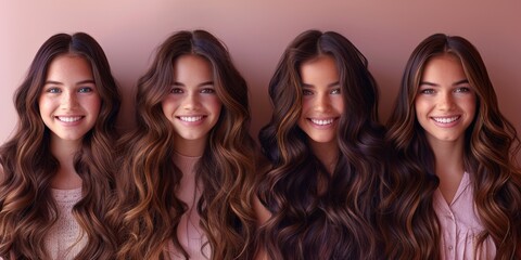 Obraz premium A cheerful group of attractive girls with wavy, healthy hair showcasing perfect glamour.