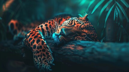  a close up of a leopard laying on a tree branch with its head resting on the branch of a tree. - obrazy, fototapety, plakaty