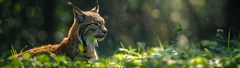Obraz premium Eurasian Lynx, Reforested Forests, thriving in a lush green habitat, photography, backlighting, vignette