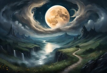 A full, luminous moon emerges from behind dark, swirling clouds, casting an ethereal glow over the nighttime landscape, evoking the mystical allure of Luna's enchantment - obrazy, fototapety, plakaty