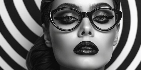 A serious and glamorous lady with bright makeup and eyewear poses in monochrome.