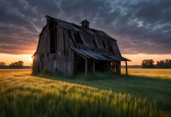 A dilapidated barn stands alone in a vast, overgrown field, surrounded by remnants of a forgotten farmstead, under the soft glow of twilight - obrazy, fototapety, plakaty