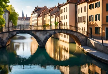 Store enrouleur Ponte Vecchio A charming bridge over a serene river in a picturesque European cityscape, with the sunlight dancing on the water's surface