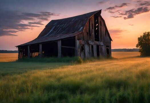 A dilapidated barn stands alone in a vast, overgrown field, surrounded by remnants of a forgotten farmstead, under the soft glow of twilight