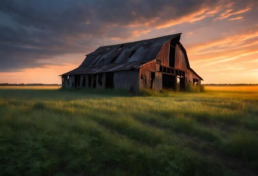 A dilapidated barn stands alone in a vast, overgrown field, surrounded by remnants of a forgotten farmstead, under the soft glow of twilight