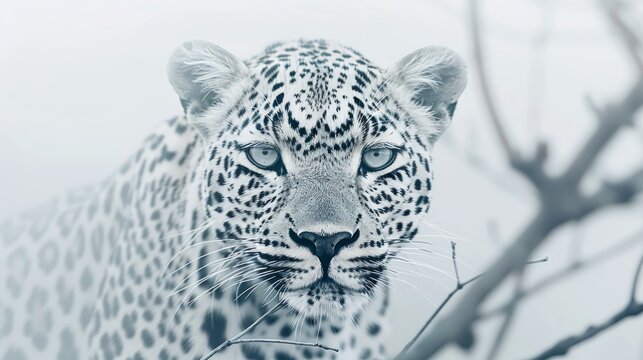  a black and white photo of a leopard looking at the camera with a blurry background of a tree branch.