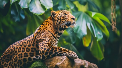  a close up of a leopard laying on a rock in front of a bunch of green plants and a tree. - obrazy, fototapety, plakaty