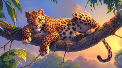  a painting of a leopard resting on a branch of a tree in a tropical setting with trees and clouds in the background. - obrazy, fototapety, plakaty
