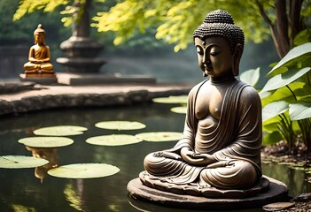 A serene Buddha statue serenely seated beside a tranquil pond, its serene expression and graceful posture exuding a sense of timeless peace and enlightenment