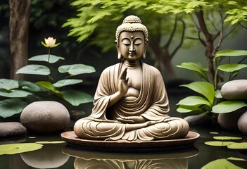 A serene Buddha statue serenely seated beside a tranquil pond, its serene expression and graceful posture exuding a sense of timeless peace and enlightenment