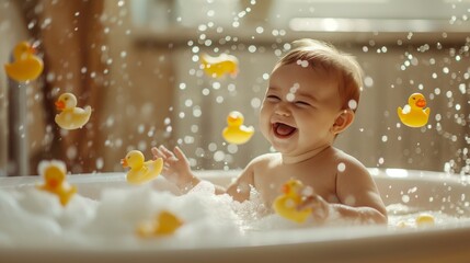 Obraz na płótnie Canvas A baby sitting in a bathtub, splashing happily in the water, surrounded by floating rubber ducks