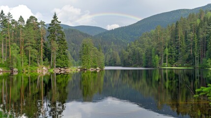 Fototapeta premium a lake surrounded by a forest with a rainbow in the middle of the sky and a rainbow in the distance.