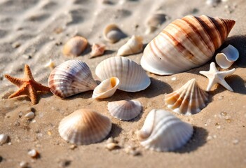 Fototapeta na wymiar Seashells scattered across a sun-kissed sandy beach, each one a testament to the beauty and diversity of marine life, inviting exploration and wonder