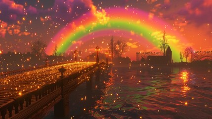  a rainbow in the sky over a body of water with a bridge in the foreground and buildings in the background.