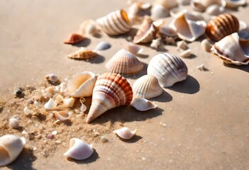 Fototapeta na wymiar Seashells scattered across a sun-kissed sandy beach, each one a testament to the beauty and diversity of marine life, inviting exploration and wonder