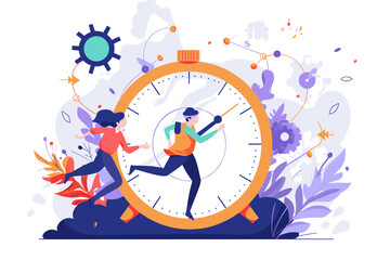 Time Management Concept - Businessman Juggling Clock, Calendar, Hourglass, Checklist. Symbols of Deadlines, Efficiency, Productivity, Scheduling. Vector for Web Banner, Social Media Ad, Presentation.