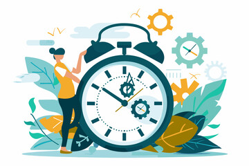 Time Management Concept - Businessman Juggling Clock, Calendar, Hourglass, Checklist. Symbols of Deadlines, Efficiency, Productivity, Scheduling. Vector for Web Banner, Social Media Ad, Presentation. - obrazy, fototapety, plakaty