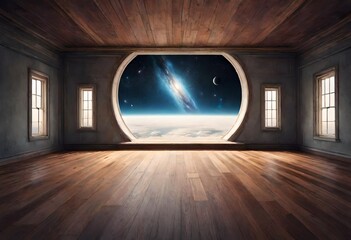 A vast expanse of space stretching endlessly beyond, juxtaposed with an empty wooden floor, hinting...