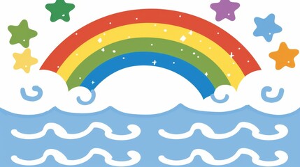  a rainbow over a body of water with stars in the sky and stars in the water on top of it.