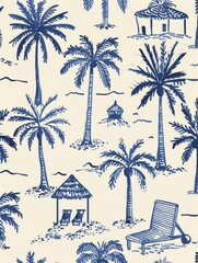 Obraz premium Blue and white wallpaper featuring palm trees, creating a tropical and vibrant atmosphere