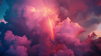  a pink and blue sky filled with clouds and a rainbow in the middle of the sky with a star in the middle of the sky.