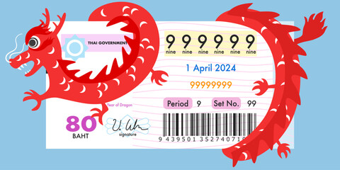 Flat design of Thailand lottery ticket with hypothetical numbers, QR code and barcode, flat design of dragon lottery ticket vector, red lucky dragon vector.