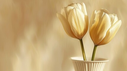  two yellow tulips in a white vase against a beige background with a light colored wall in the background.