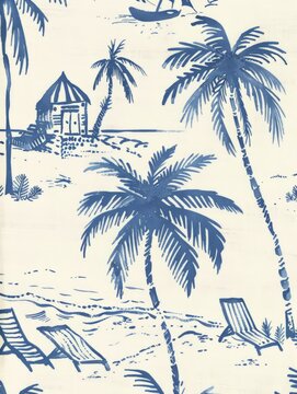 Blue and white wallpaper featuring a pattern of palm trees, adding a tropical touch to the room decor