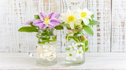  a couple of vases filled with flowers sitting on top of a white wooden table in front of a wooden wall.