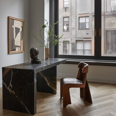  A black marble desk with white veins in an apartment on the upper floors of New York, next to it there is a chair made of solid oak wood, in front of windows with a herringbone parquet floor. - obrazy, fototapety, plakaty