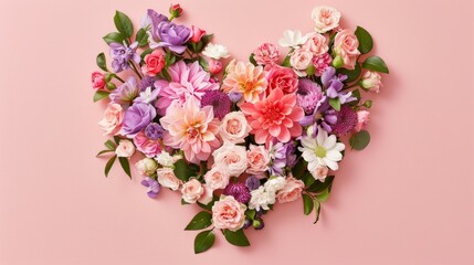  a heart shaped arrangement of pink, purple, and white flowers on a pink background with green leaves and stems.