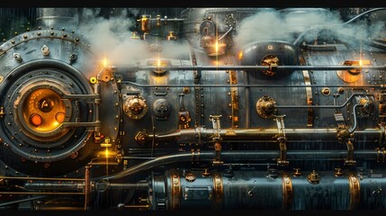 A detailed image of a classic, steam locomotive engine, its metal surfaces and components highlighted by the lighting - obrazy, fototapety, plakaty