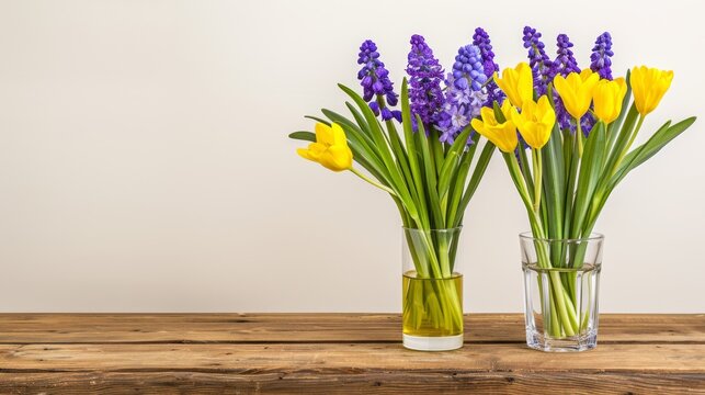  two vases filled with yellow and purple flowers on top of a wooden table in front of a white wall.