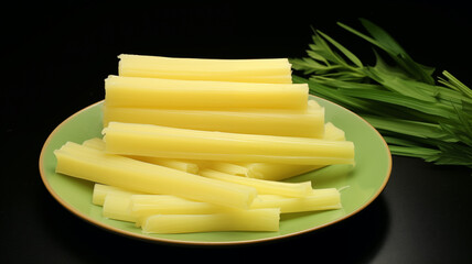 Sticks of unmelted citronella wax on a natural green plate with a plant sprig in background