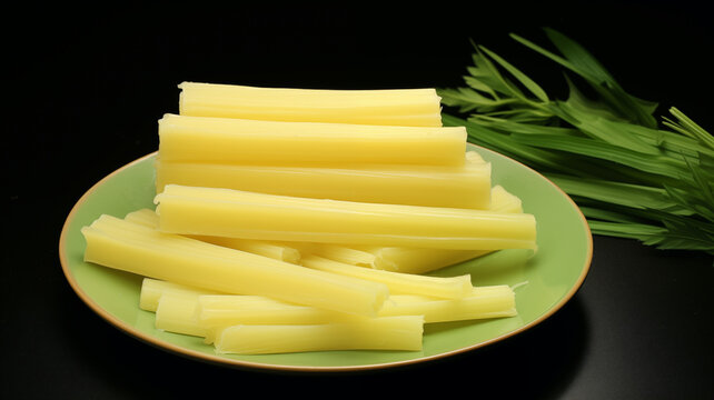 Sticks of unmelted citronella wax on a natural green plate with a plant sprig in background