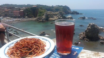  a plate of food and a glass of beer on a table overlooking a beach with a cliff in the background.