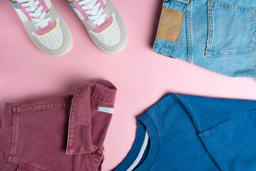 Outfit for teenagers on pink background. Casual street style, top view point, flat lay.