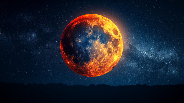 Red and yellow moon on the sky at night. Selective focus. Copy space. Planet background.